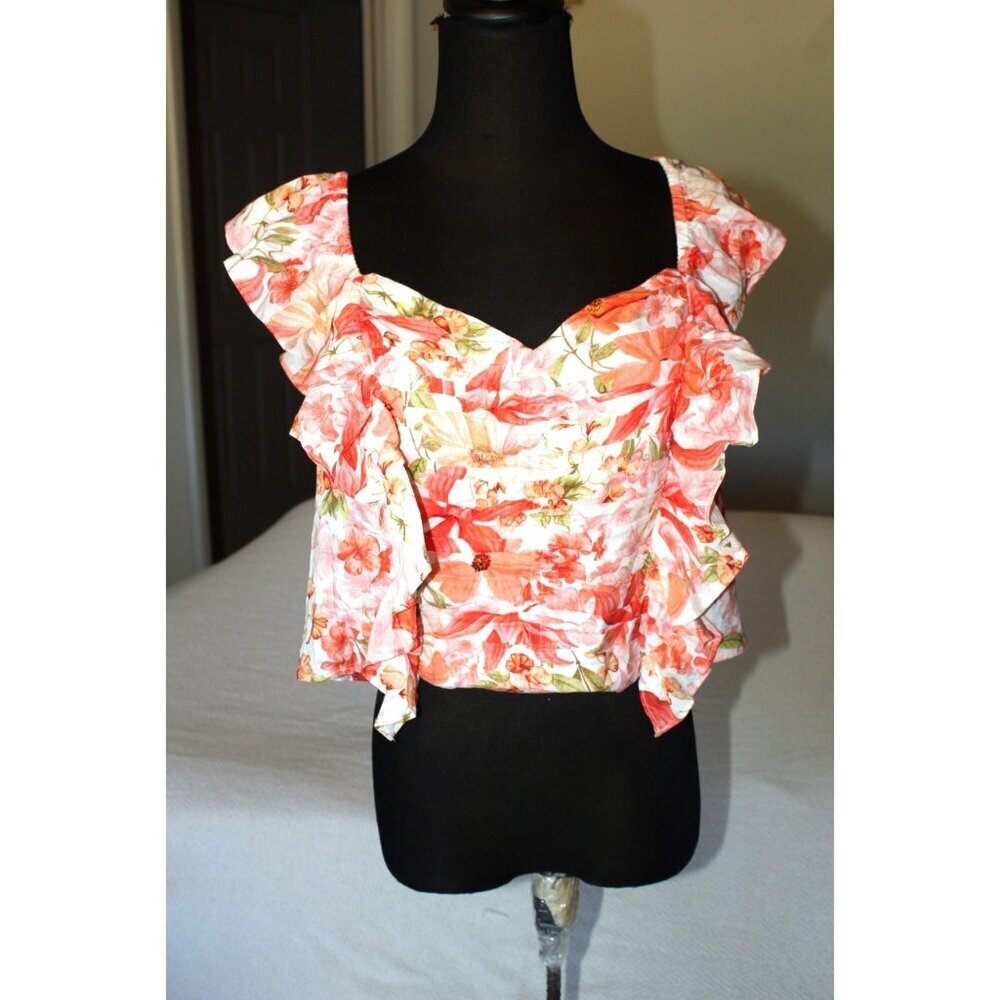 NEW H&M Linen Blend Cropped Floral Blouse Size XL Orange Ruffled Smocked Preppy
